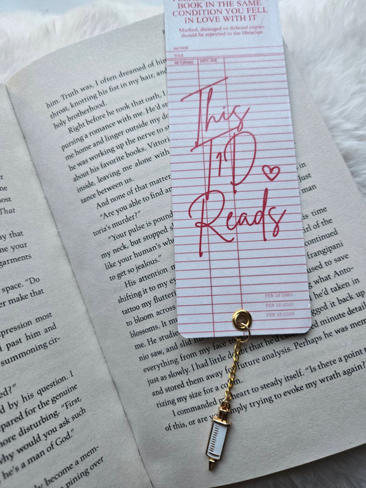 This T1D Reads Crimson Library Card Bookmark