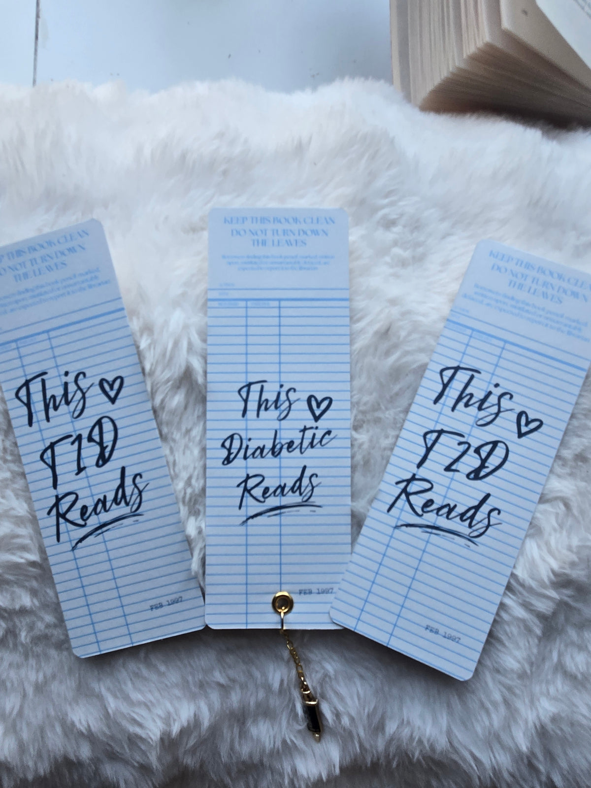 This T1D Reads Blue Library Card Bookmark