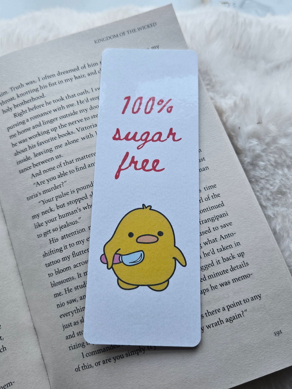 100% Sugar Free Funny Duck Bookmark – Sassy Diabetic Stationery with Knife Duck Charm