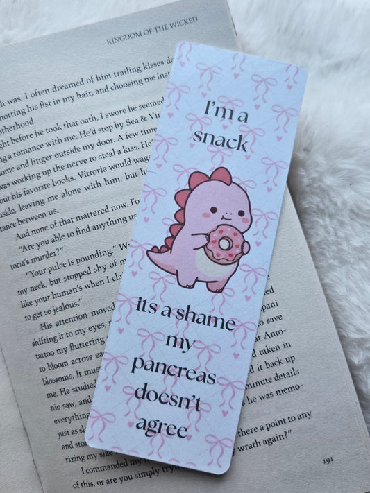 'I'm a Snack' Kawaii Dinosaur Bookmark – Pastel Diabetic Stationery & Bookish Gift
