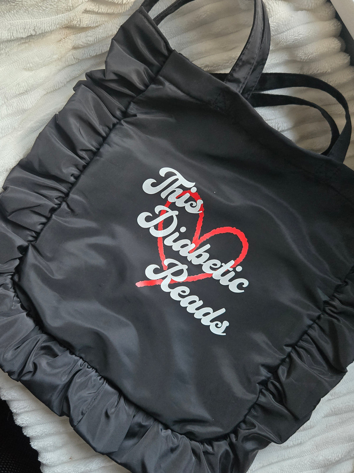 'This Diabetic Reads' Ruffle Satin Shoulder Bag – Coquette Bookish Tote with Magnetic Clasp
