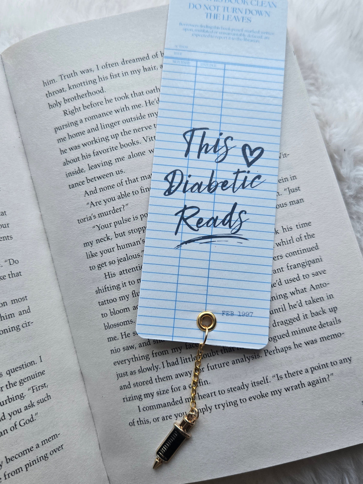 This Diabetic Reads Blue Library Card Bookmark