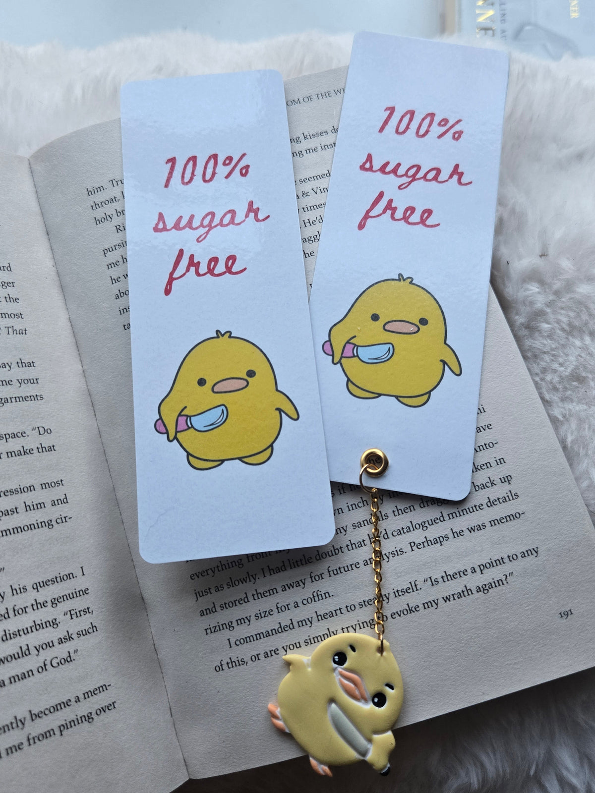 100% Sugar Free Funny Duck Bookmark – Sassy Diabetic Stationery with Knife Duck Charm