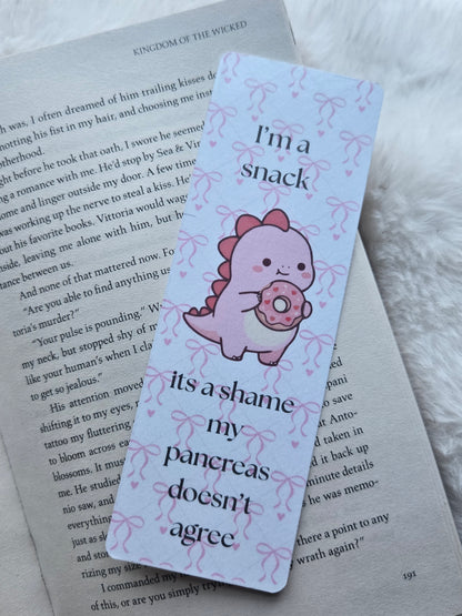 'I'm a Snack' Kawaii Dinosaur Bookmark – Pastel Diabetic Stationery & Bookish Gift