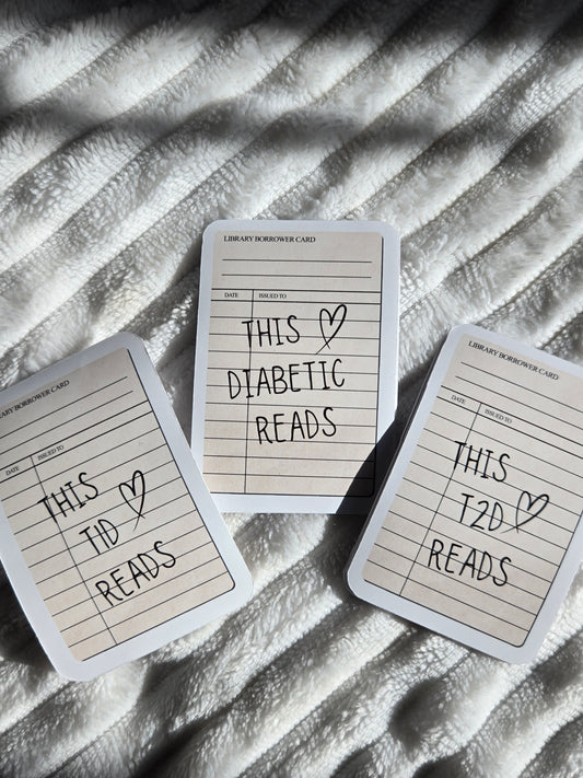 Library Borrower Card Sticker – 'This Diabetic Reads' T1D & T2D Bookish Vinyl Decal