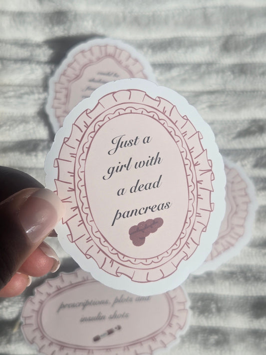 'Just a Girl With a Dead Pancreas' Coquette Diabetic Vinyl Matte Sticker – Funny T1D & Bookish Reading Tropes