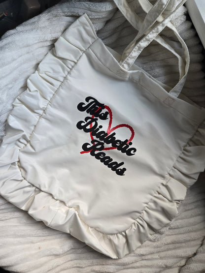 'This Diabetic Reads' Ruffle Satin Shoulder Bag – Coquette Bookish Tote with Magnetic Clasp